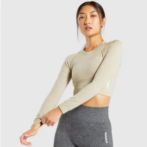 Gymshark 2 Piece Set, Adapt Marl Seamless Crop Top and Leggings,  Beige, Size M - Picture 2 of 12